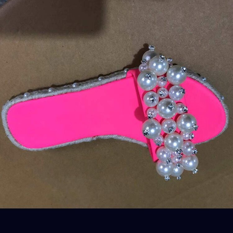 Round Head Flat-shaped Pearl Hemp Rope  Sandals And Slippers