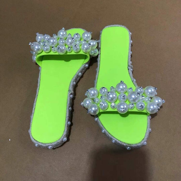 Round Head Flat-shaped Pearl Hemp Rope  Sandals And Slippers