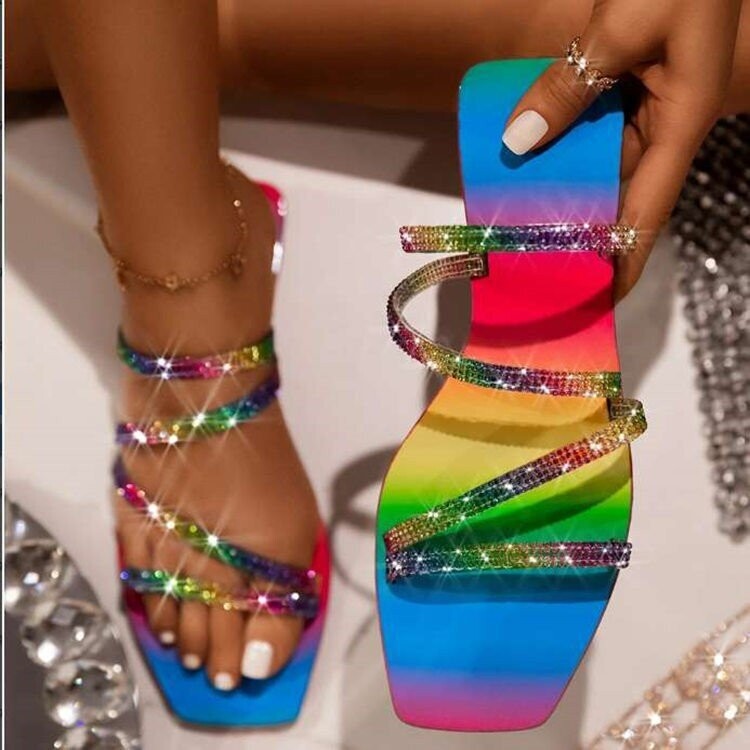Rainbow encrusted crystal strappy sandal 