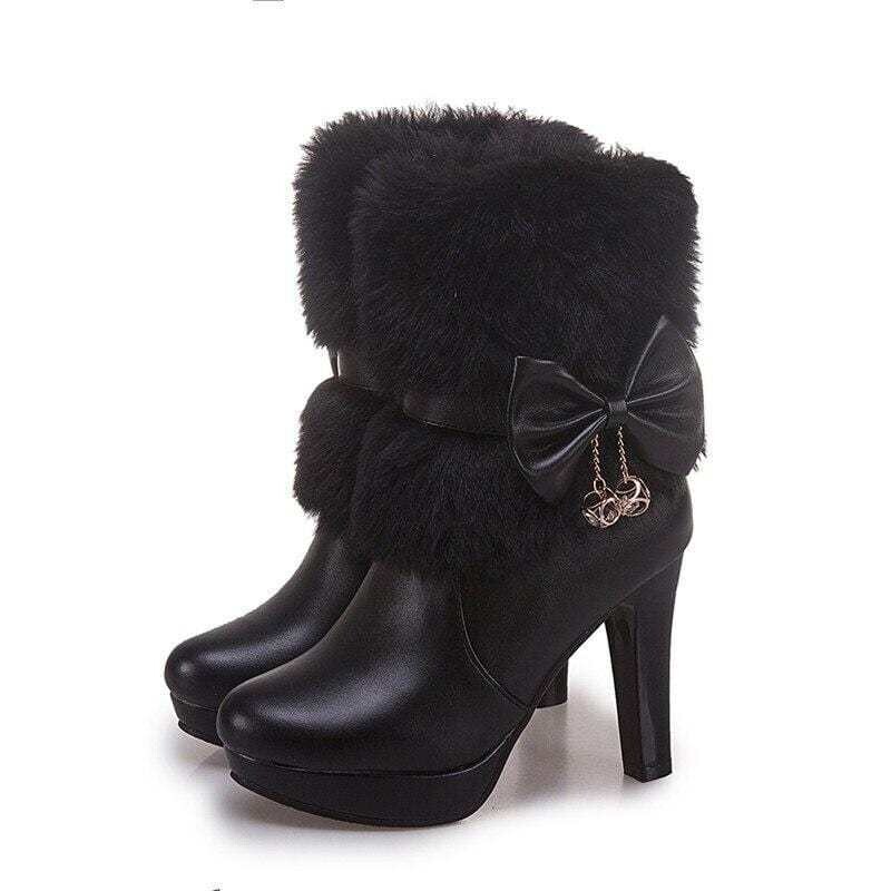 Sweet princess high heel fur winter boots with bow detail