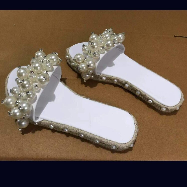 Round Head Flat-shaped Pearl Hemp Rope  Sandals And Slippers, Color: White, Size: 40