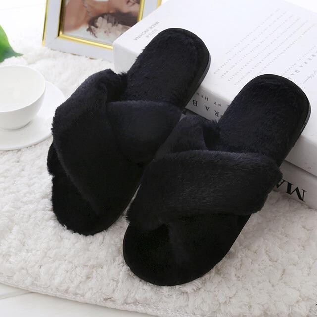 Plush Fur Cross Over Slippers