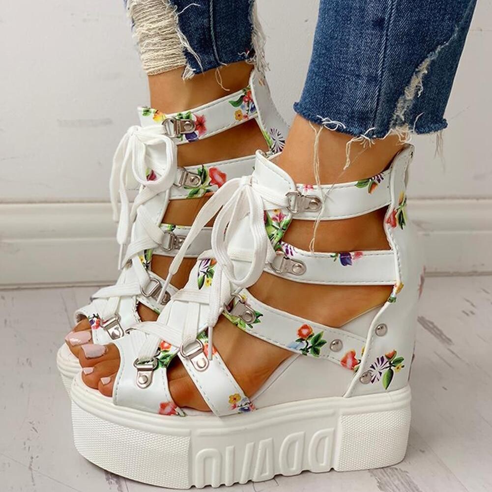 Flower Print PU Leather Strappy Wedges Shoes With Studd Detail