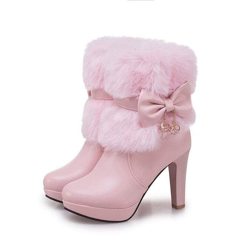 Sweet princess high heel fur winter boots with bow detail