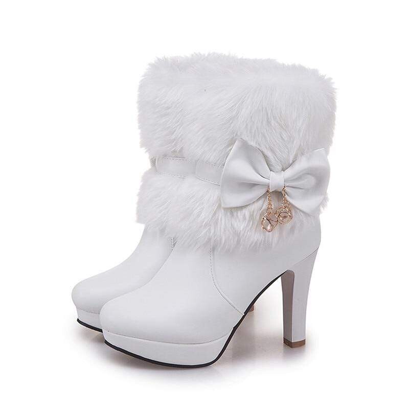 Sweet princess high heel fur winter boots with bow detail