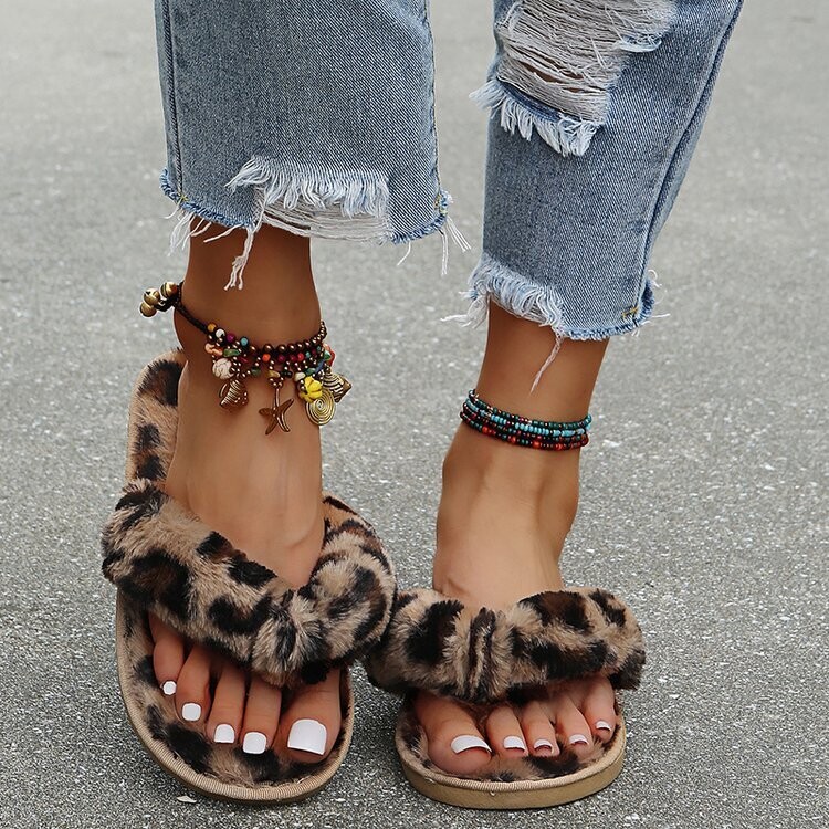  Herringbone Flip-flops Plush Furry Leopard Print Flat Slippers/Sliders
