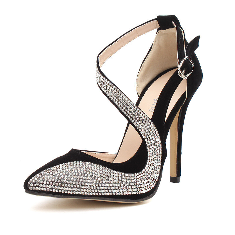 Rhinestone suede court high heels 