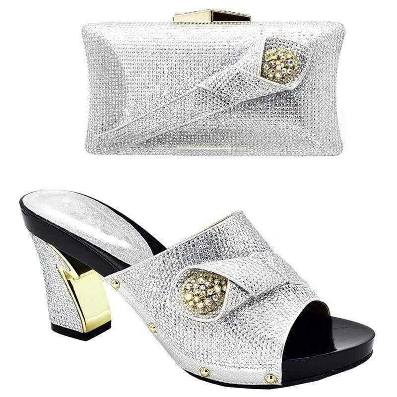 Crystal Design Shoes and Bag Set, Color: Silver Shoes and Bag, Shoe Size: 10.5=43