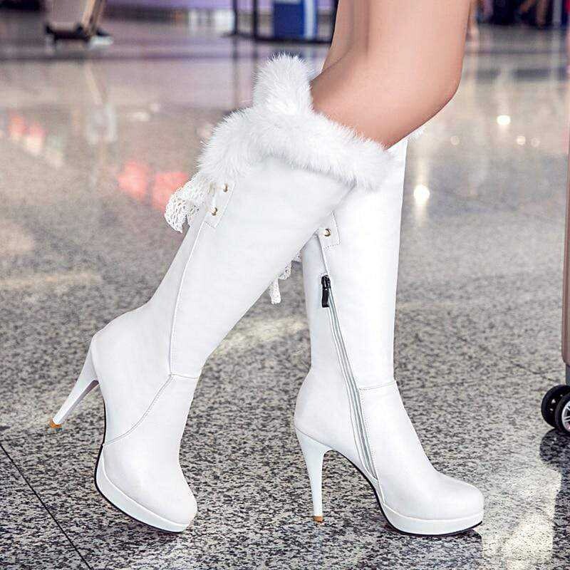 Round toe fur trim stiletto heel side zipper boots, Color: white, Shoe Size: 10=45