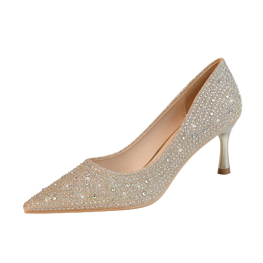  Rhinestone Banquet Pumps Stilleto Heels, Color: Gold 6.5cm, Size: 40