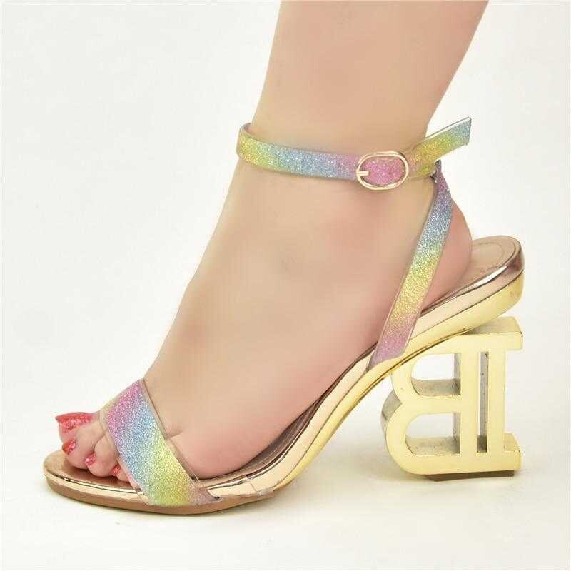  golden trimmed round-toe wedge frosted high-heeled sandals, Color: Multi, Shoe Size: 10=42