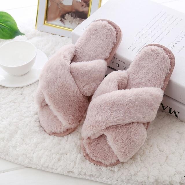 Plush Fur Cross Over Slippers, Color: Pink, Shoe Size: 9.5