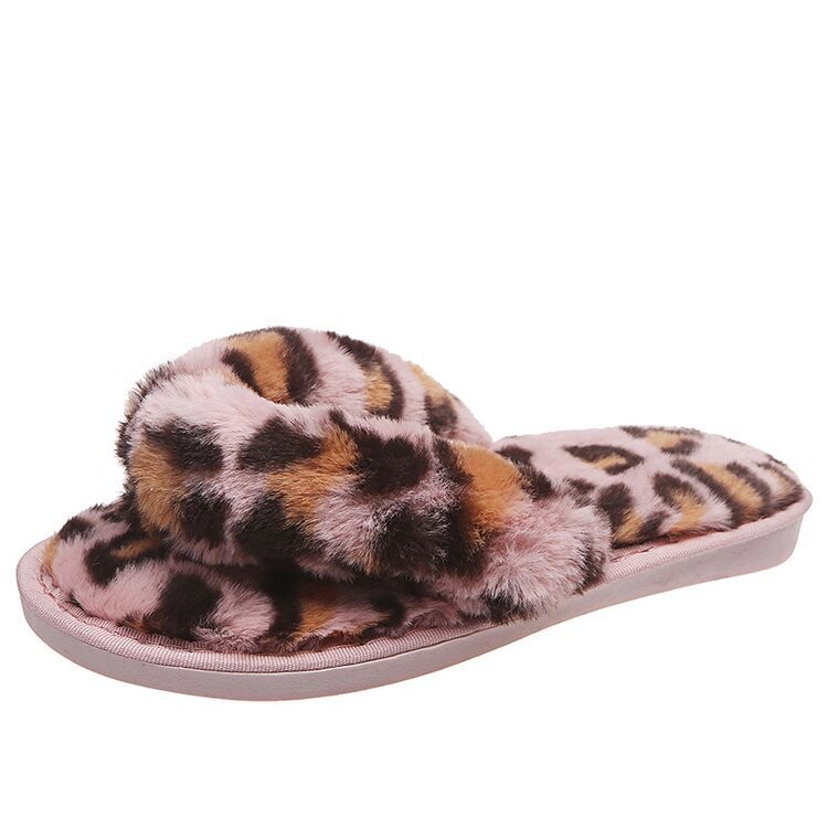  Herringbone Flip-flops Plush Furry Leopard Print Flat Slippers/Sliders