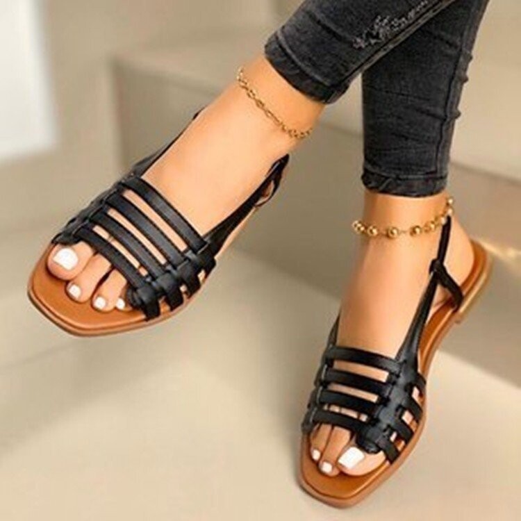 Roman Thin Strap Cross Sandals Flat Bottom 