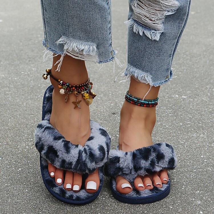  Herringbone Flip-flops Plush Furry Leopard Print Flat Slippers/Sliders