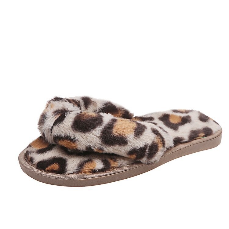  Herringbone Flip-flops Plush Furry Leopard Print Flat Slippers/Sliders