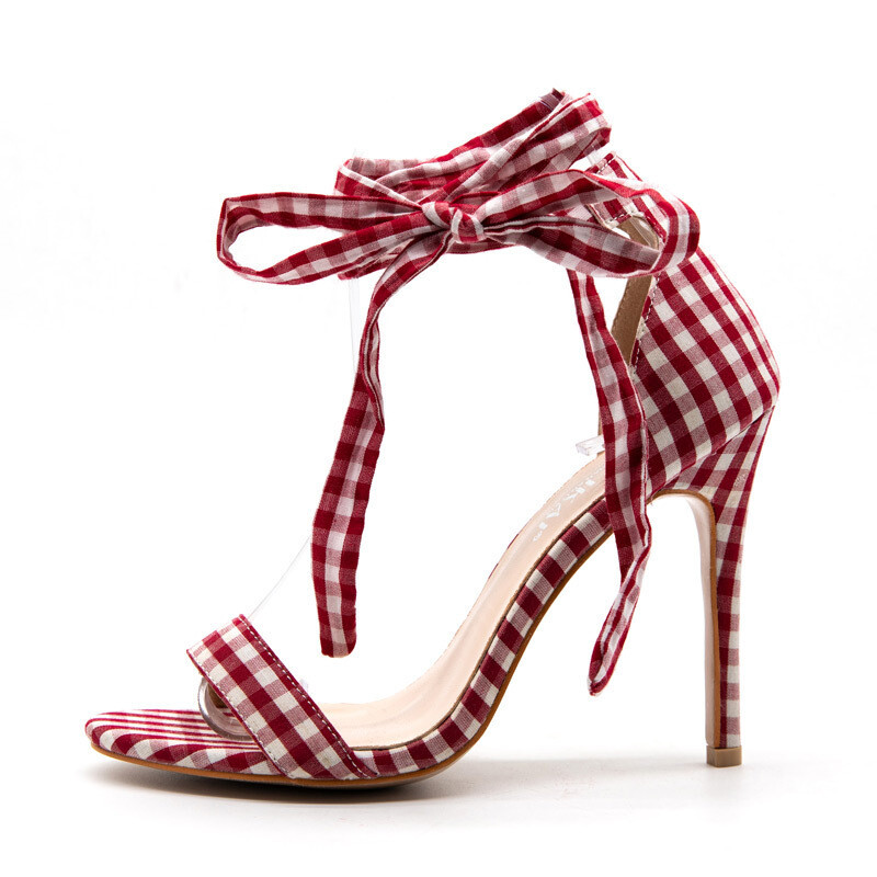Gingham style strappy stiletto high heeled sandal