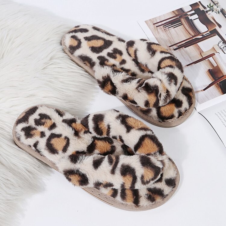  Herringbone Flip-flops Plush Furry Leopard Print Flat Slippers/Sliders