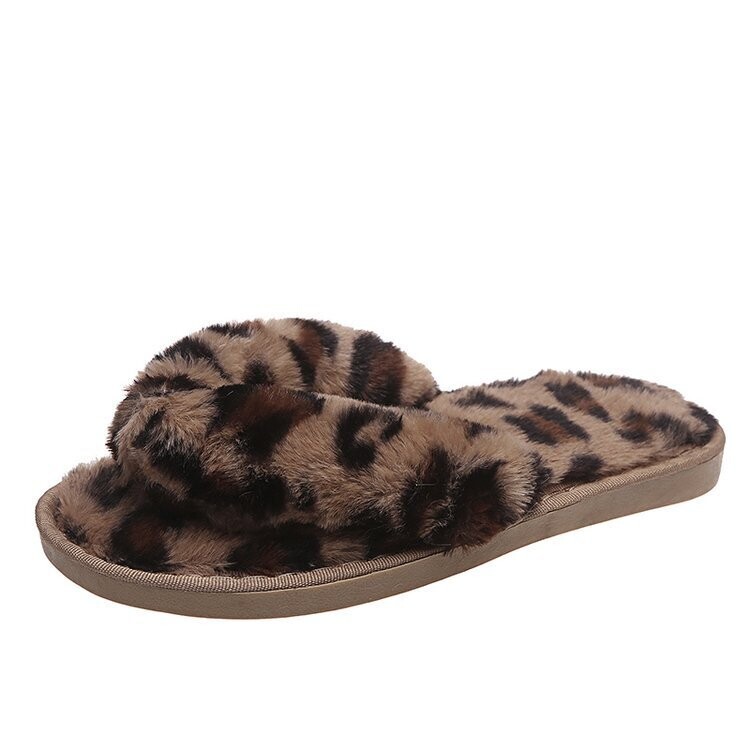  Herringbone Flip-flops Plush Furry Leopard Print Flat Slippers/Sliders
