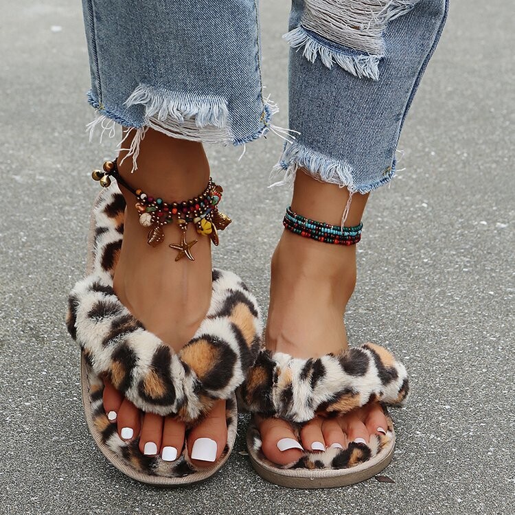  Herringbone Flip-flops Plush Furry Leopard Print Flat Slippers/Sliders