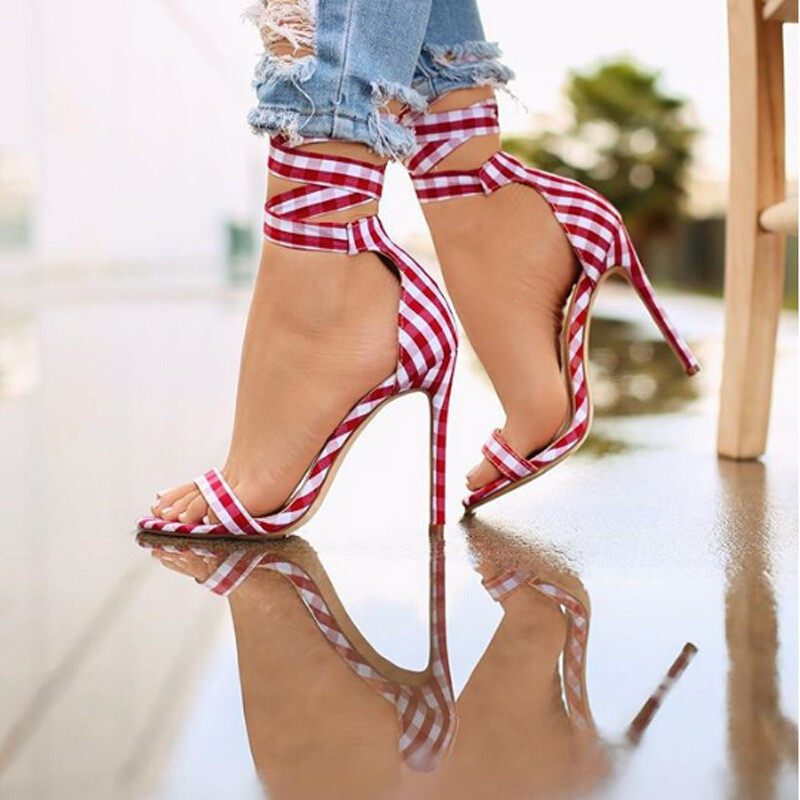 Gingham style strappy stiletto high heeled sandal