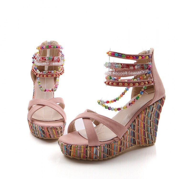  Bohemian Handmade Beaded Women&#39;s Sandals Wedge Heels