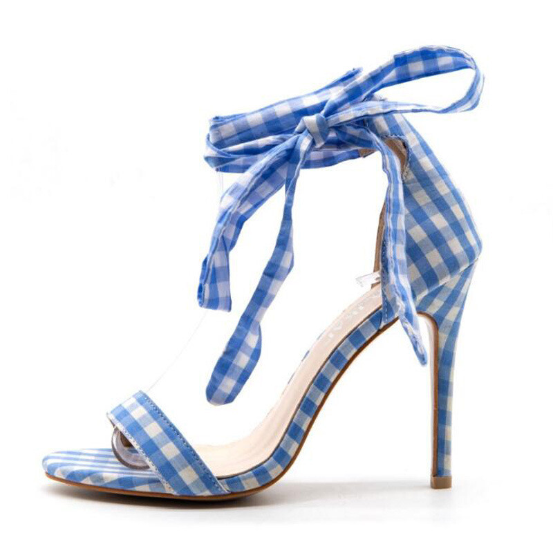 Gingham style strappy stiletto high heeled sandal
