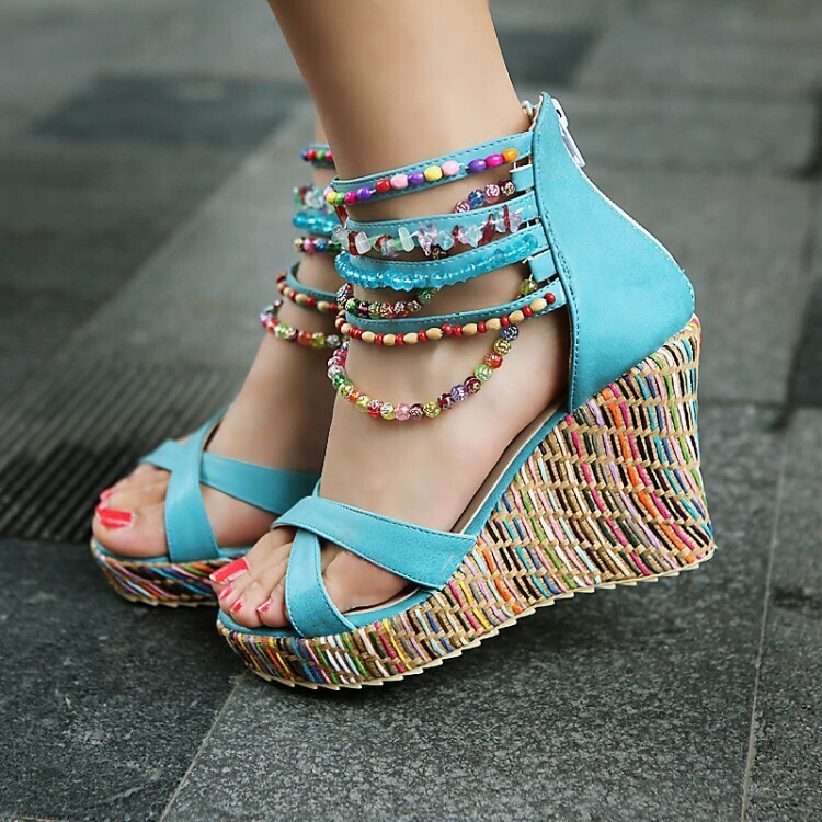  Bohemian Handmade Beaded Women&#39;s Sandals Wedge Heels