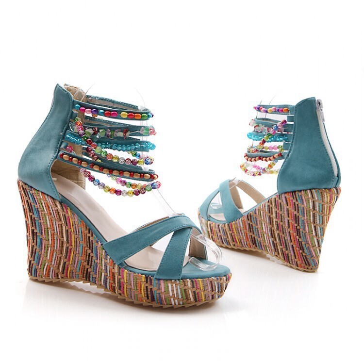  Bohemian Handmade Beaded Women&#39;s Sandals Wedge Heels