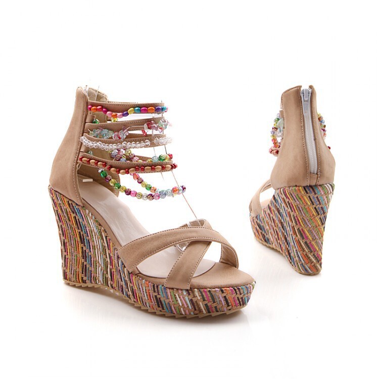  Bohemian Handmade Beaded Women&#39;s Sandals Wedge Heels