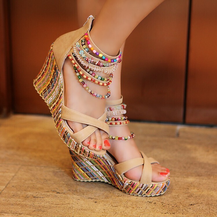  Bohemian Handmade Beaded Women&#39;s Sandals Wedge Heels