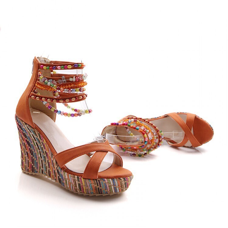  Bohemian Handmade Beaded Women&#39;s Sandals Wedge Heels