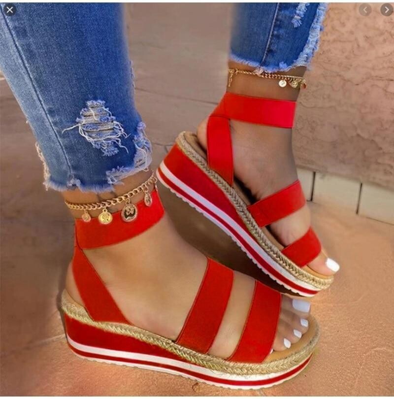 Platform Hemp Shoes Casual Slip on Strappy Sneaker Style Sandals, Color: Red, Shoe Size: 43
