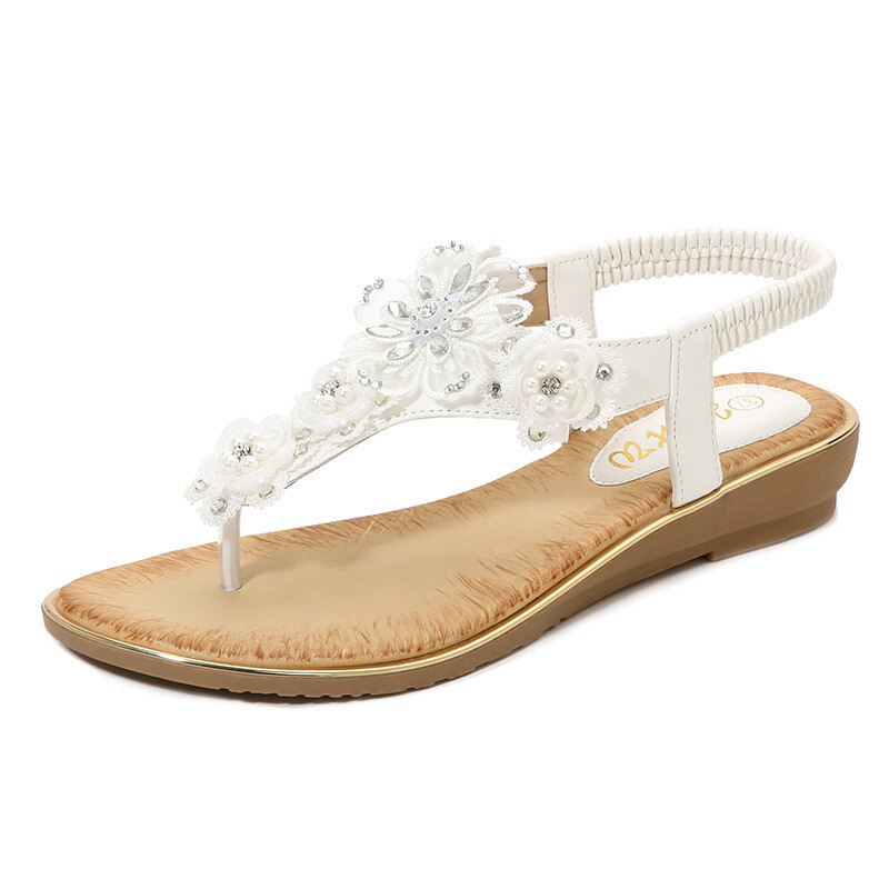 Flower embroidery crystal and beaded sandal, Color: White, Size: 40