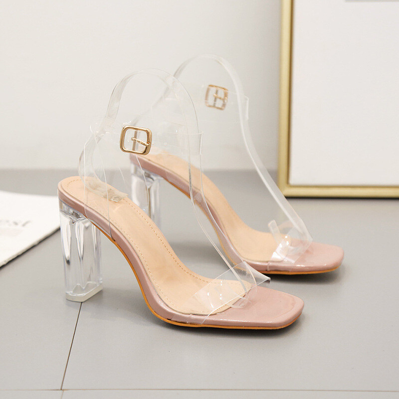 New transparent one line high heel sandals with crystal heel