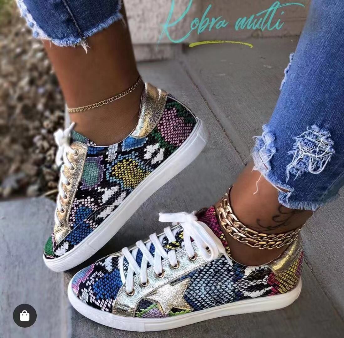 Snake Print PU Shoes Flat Sneakers, Size: 43, Color: 花色