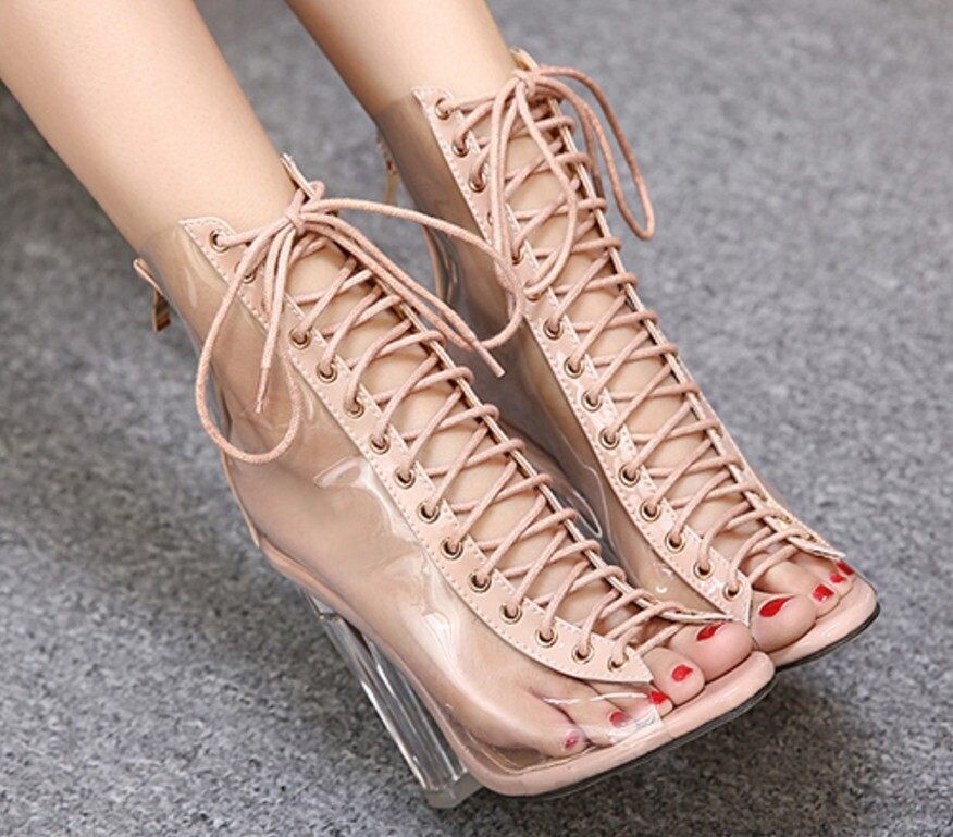 high-top shoes strappy transparent lace up sandal boot