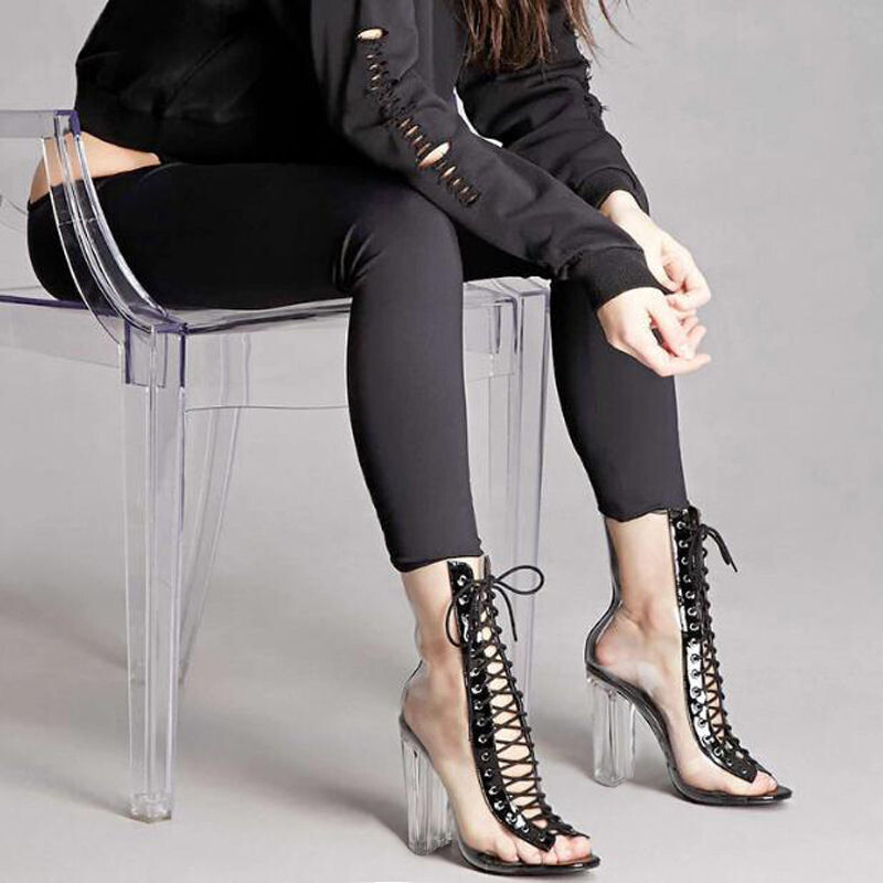 high-top shoes strappy transparent lace up sandal boot