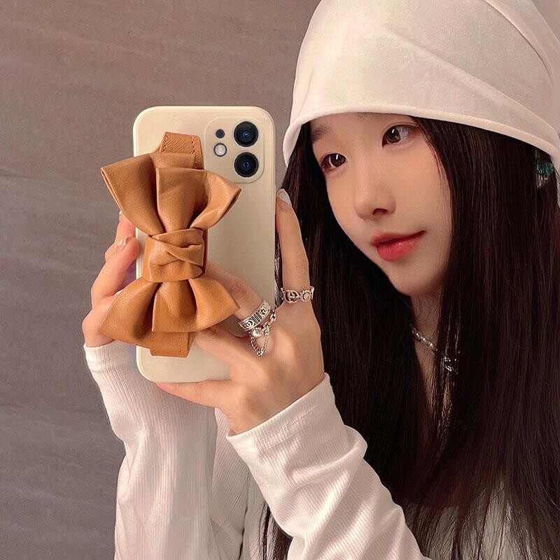 Bowknot Suitable For IPhone13promax Mobile Phone Case Apple 13mini Three-dimensional Thirteen Mini Silicone Pro, Color: Apple 13mini-antique white+brown belt bow