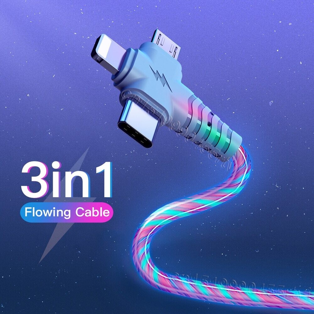 3in1 Flow Luminous Lighting Usb Cable For IPhone 13 12 11 Pro 3 In 1 2in1 LED Micro USB Type C 8 Pin Charger For Huawei Xiaomi|Mobile Phone Cables