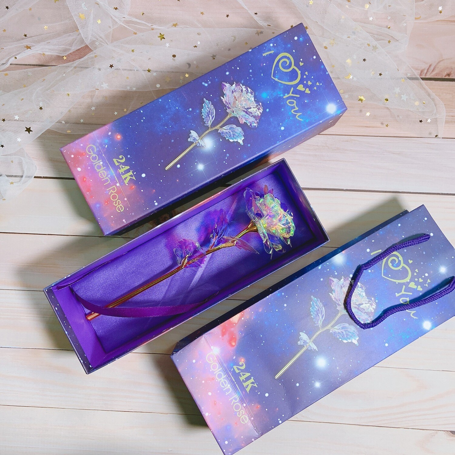 Gold Foil Color Gold Rose Handmade Flower Starry Sky Crystal Luminous Gradient Color Tanabata Valentine&#39;s Day Mother&#39;s Day Birthday Gift