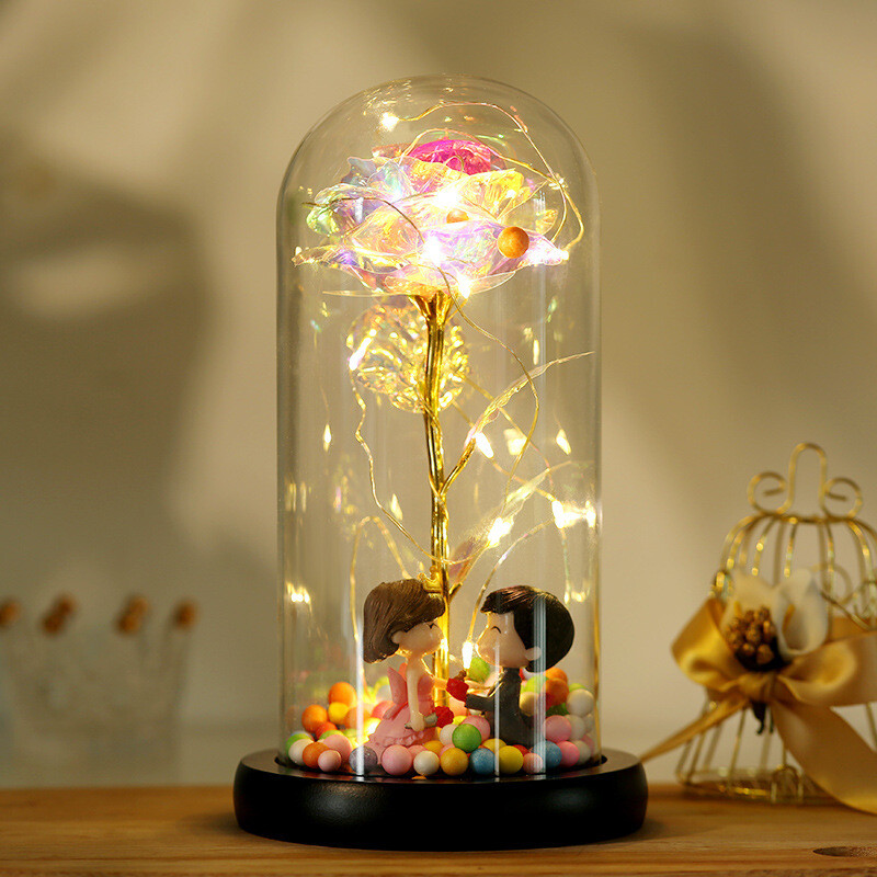 Colorful Gold Leaf Flower Gold Imitation Product With Lamp Immortal Rose Flower Glass Cover Led Gift Box Set Stall Decoration