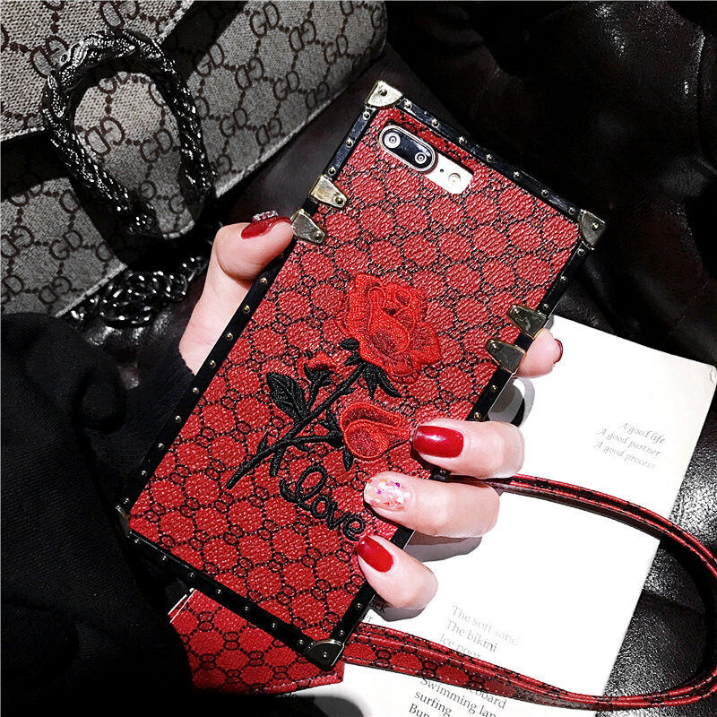 Suitable For IphoneX Mobile Phone Shell European And American Fashion Brand Rose Embroidery With Lanyard New Note10pro Protective Cover