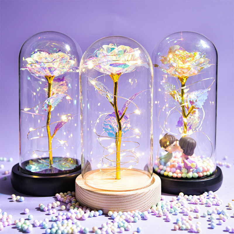 Colorful 24k Gold Leaf Flower Color Gold Imitation Product With Lamp Immortal Rose Flower Glass Cover Led Gift Box Set Stall Decoration