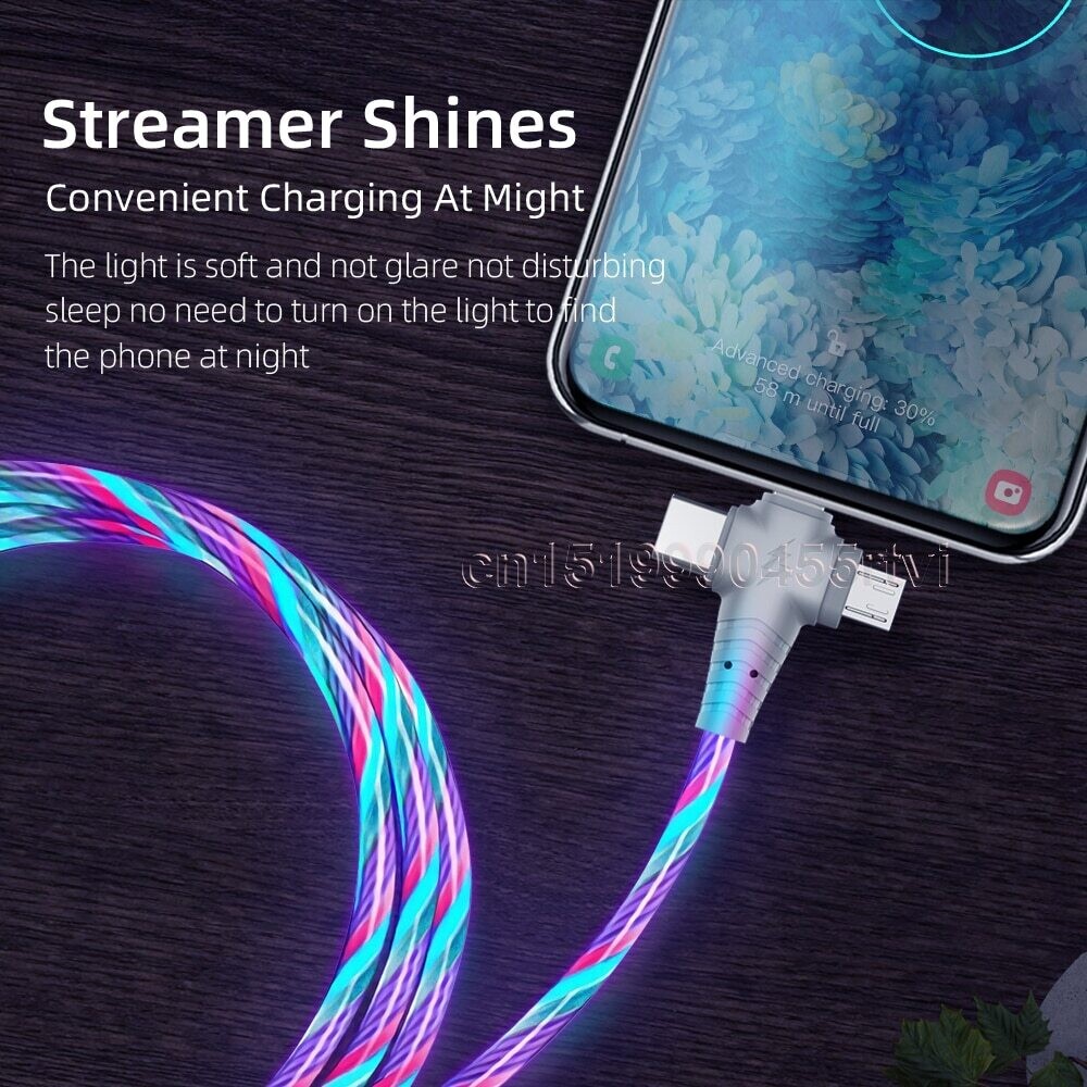 3in1 Flow Luminous Lighting Usb Cable For IPhone 13 12 11 Pro 3 In 1 2in1 LED Micro USB Type C 8 Pin Charger For Huawei Xiaomi|Mobile Phone Cables