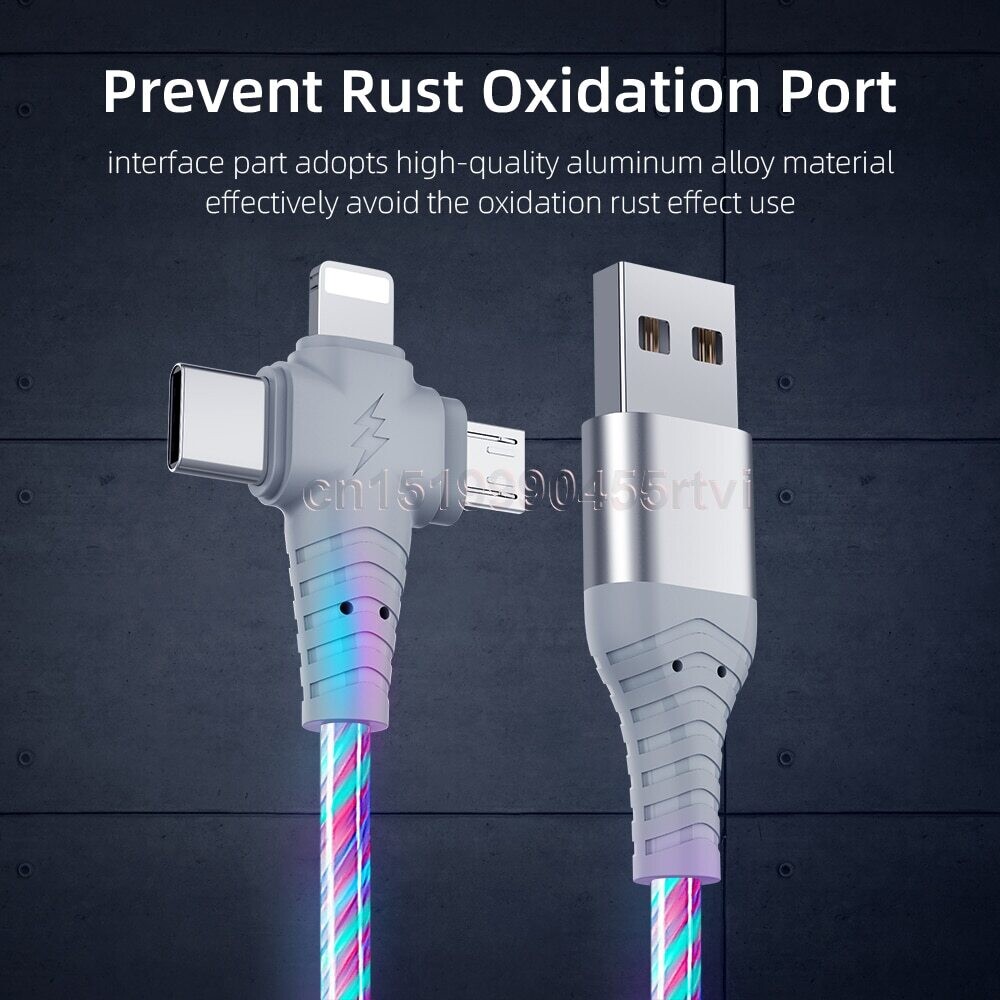 3in1 Flow Luminous Lighting Usb Cable For IPhone 13 12 11 Pro 3 In 1 2in1 LED Micro USB Type C 8 Pin Charger For Huawei Xiaomi|Mobile Phone Cables