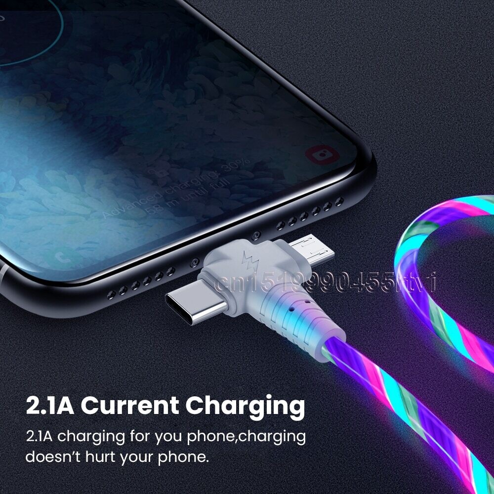 3in1 Flow Luminous Lighting Usb Cable For IPhone 13 12 11 Pro 3 In 1 2in1 LED Micro USB Type C 8 Pin Charger For Huawei Xiaomi|Mobile Phone Cables
