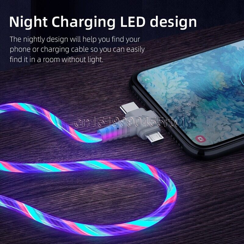 3in1 Flow Luminous Lighting Usb Cable For IPhone 13 12 11 Pro 3 In 1 2in1 LED Micro USB Type C 8 Pin Charger For Huawei Xiaomi|Mobile Phone Cables