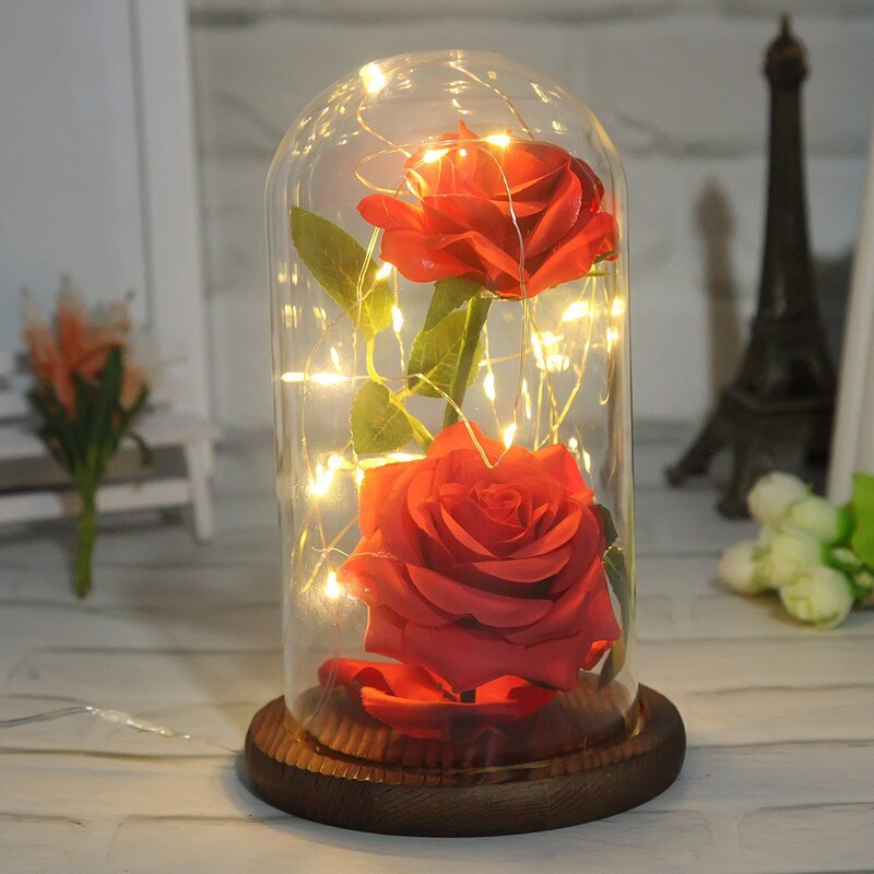 Romantic Immortal Flower Micro Landscape Rose Simulation Glass Shade Led Llight