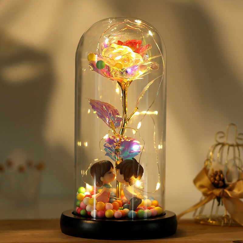 Colorful Gold Leaf Flower Gold Imitation Product With Lamp Immortal Rose Flower Glass Cover Led Gift Box Set Stall Decoration